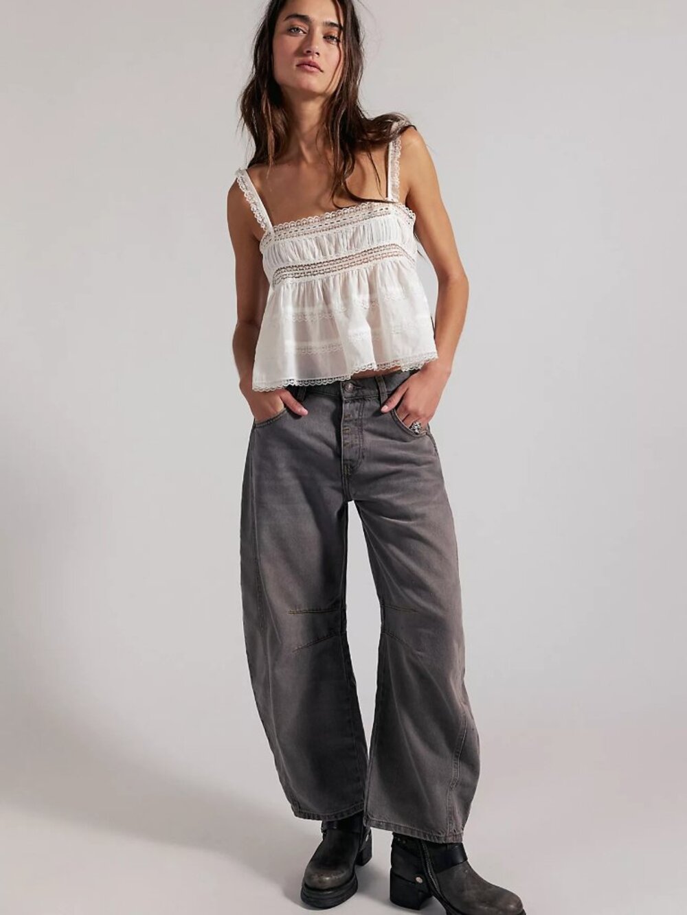 Free People We The Free Good Luck Mid Rise Barrel Jeans Archive Gray [28]
